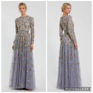 Mac Duggal 5533 Beaded Sequins Long Sleeve Gown Platinum Gold‎ 10